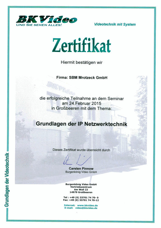 SBM Mrotzeck GmbH Zertifikat - BKVideo_Grundlagen IP Netzwerktechnik