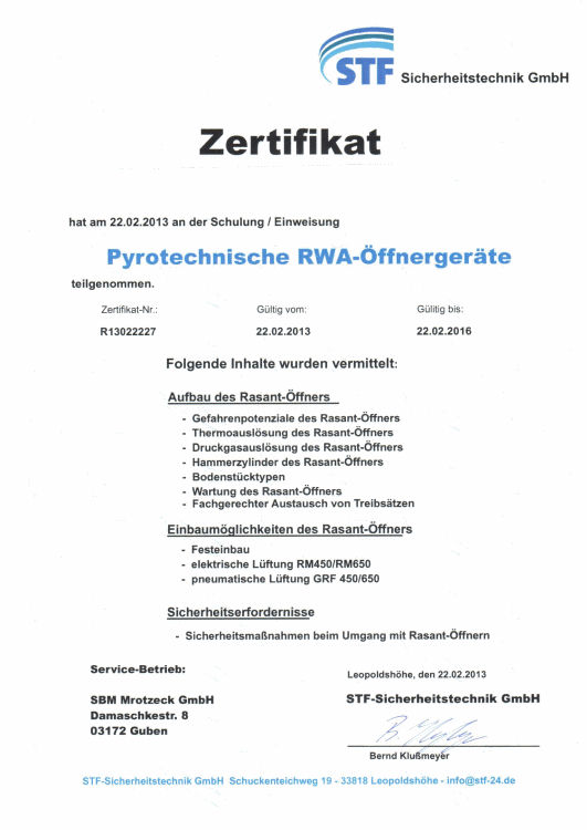SBM Mrotzeck GmbH Zertifikat - Pyrotechnische RWA-Öffnergeräte